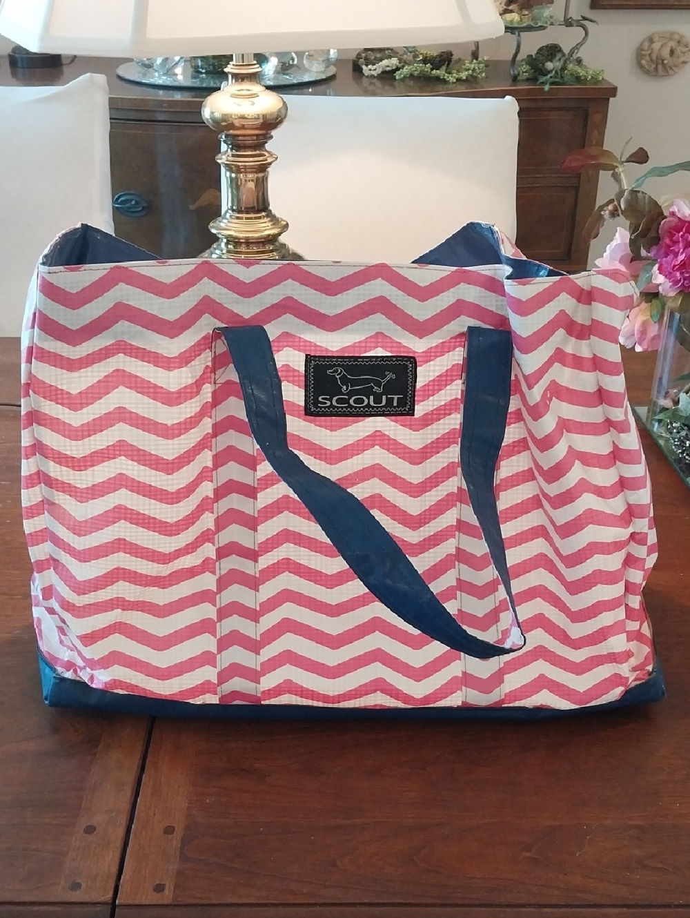 SCOUT Pink Chevron Tote with Navy Straps
